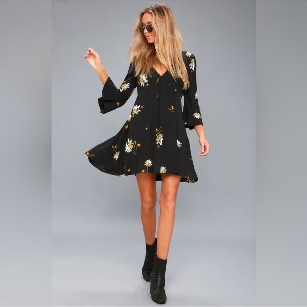 Free People- Time On My Side Black Floral Print Wrap Dress